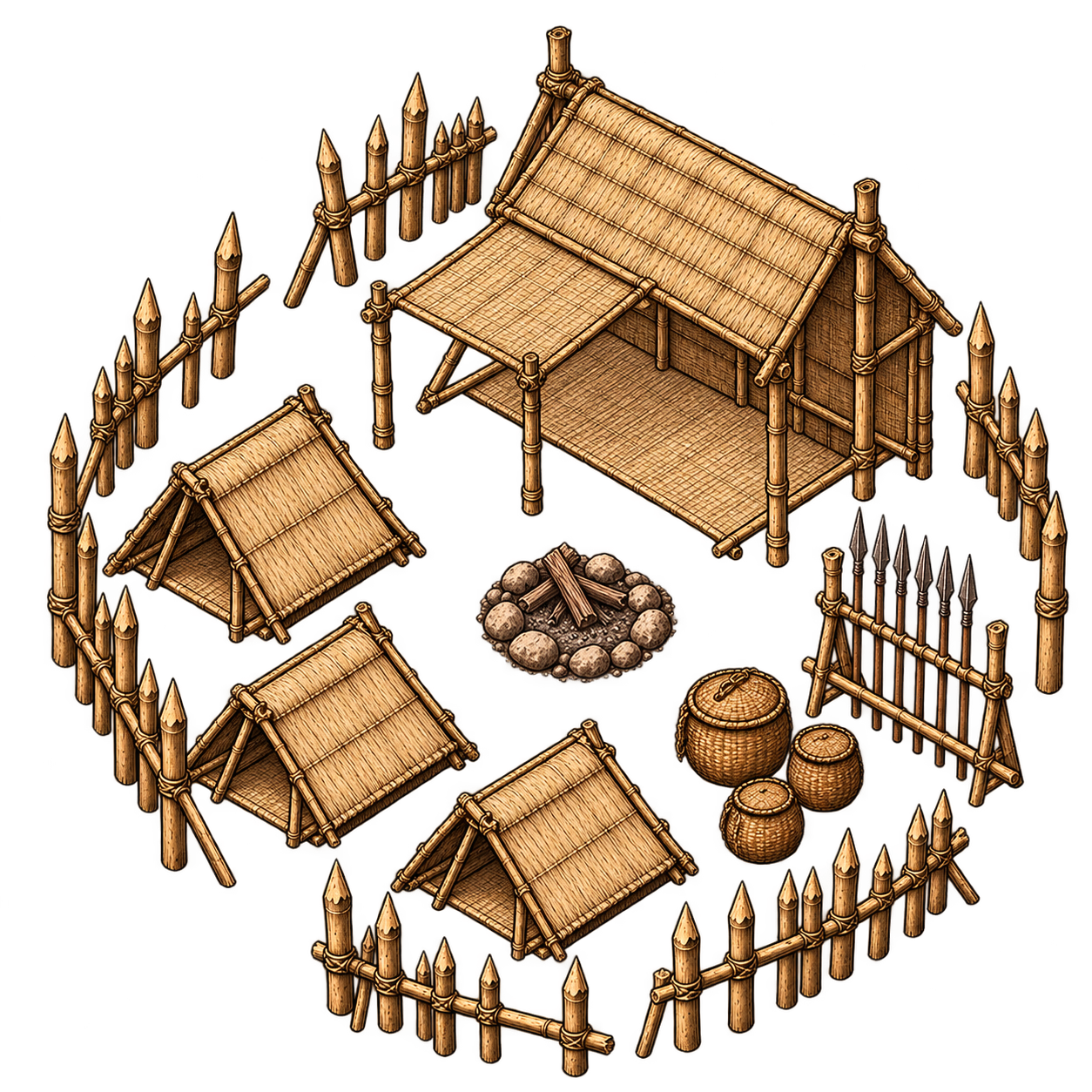 A palisaded war camp with tents