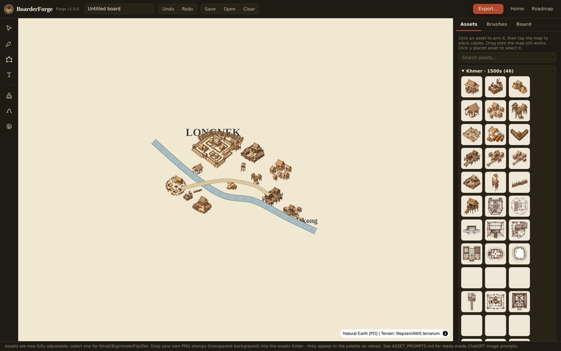 The BoarderForge editor: dark tool rails around a parchment map of the Longvek region